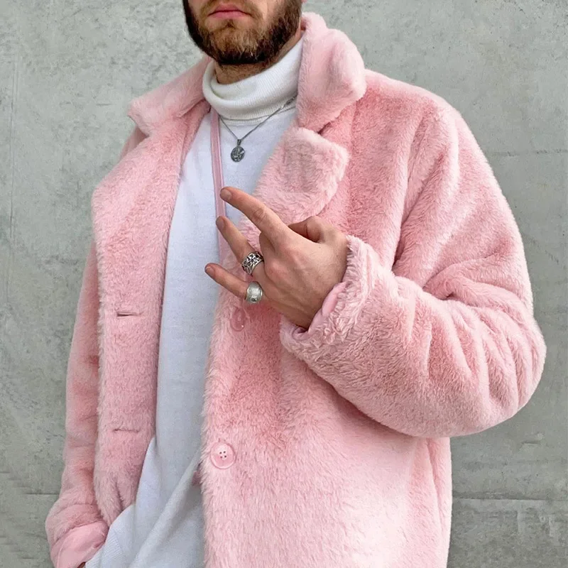 Fall Winter Men's Pink Black Coat Turn Down Collar Loose Plush Warm Men's Coat Jacket