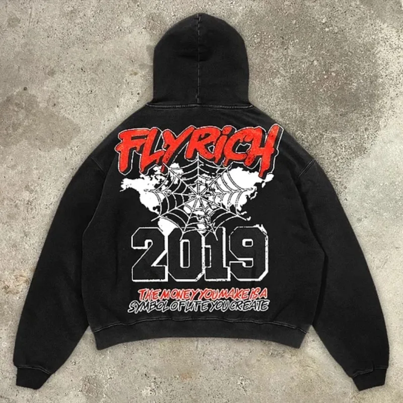 Y2K Hoodie Sweatshirt Mens Hip Hop Mummy Fly Get Rich Vintage Graphic Print Hoodie Sweatshirt Harajuku Gothic Pullover Hoodie
