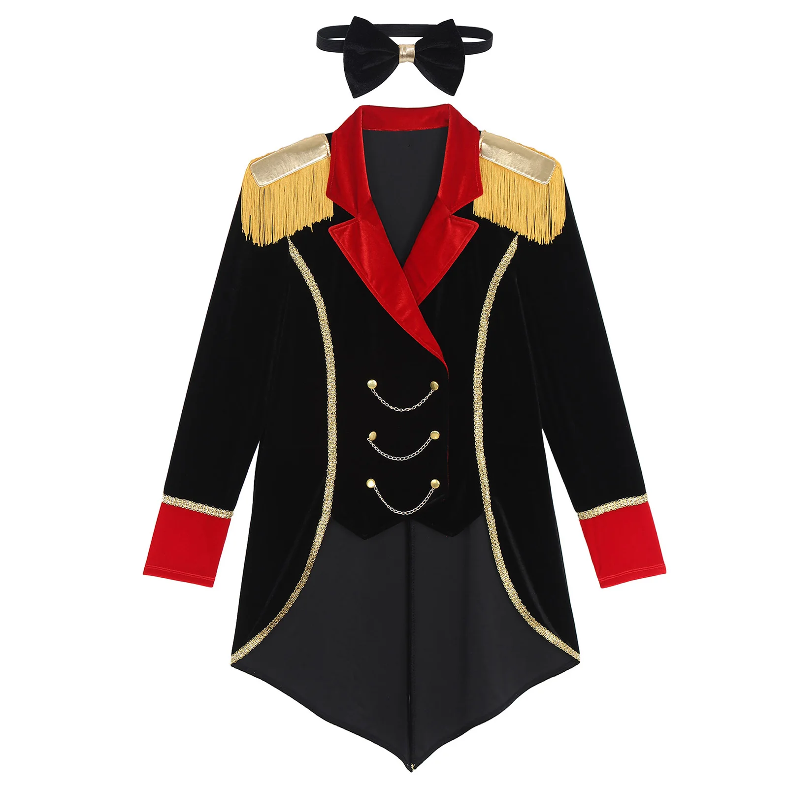 Mens Halloween new Circus Ringmaster Cosplay Costume Lapel 2025 Fringe Jacket Metal Chains Long Sleeve Swallow-Tailed Coat with Bow Tie