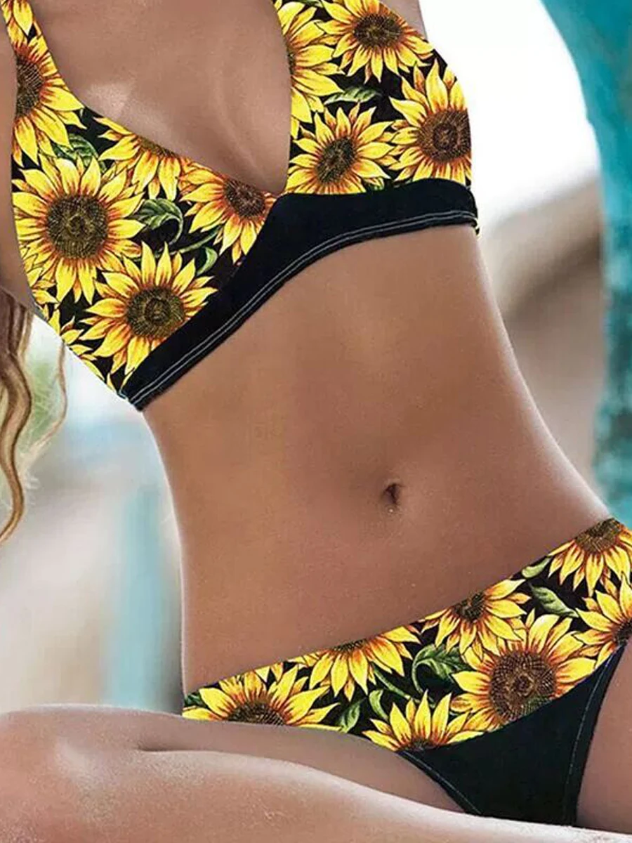 Halter Triangle Bikini Set Floral Printed Swimwear Female Sexy Strap Swimsuit Women Padded Bathing Suit Swimming Beachwear