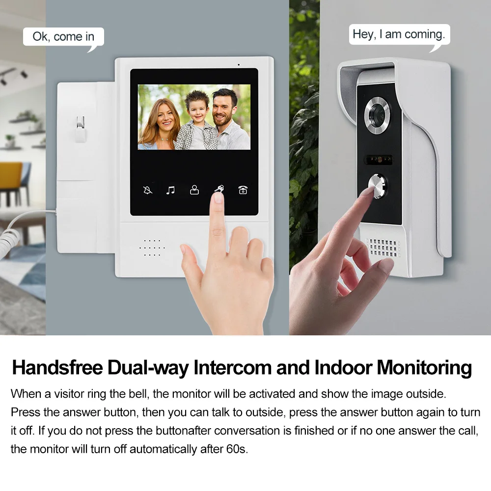 Wired 4.3 inch Video Doorbell Intercom System Handheld Door phone Monitor Waterproof Outdoor Camera Color 700TVL Night Vision