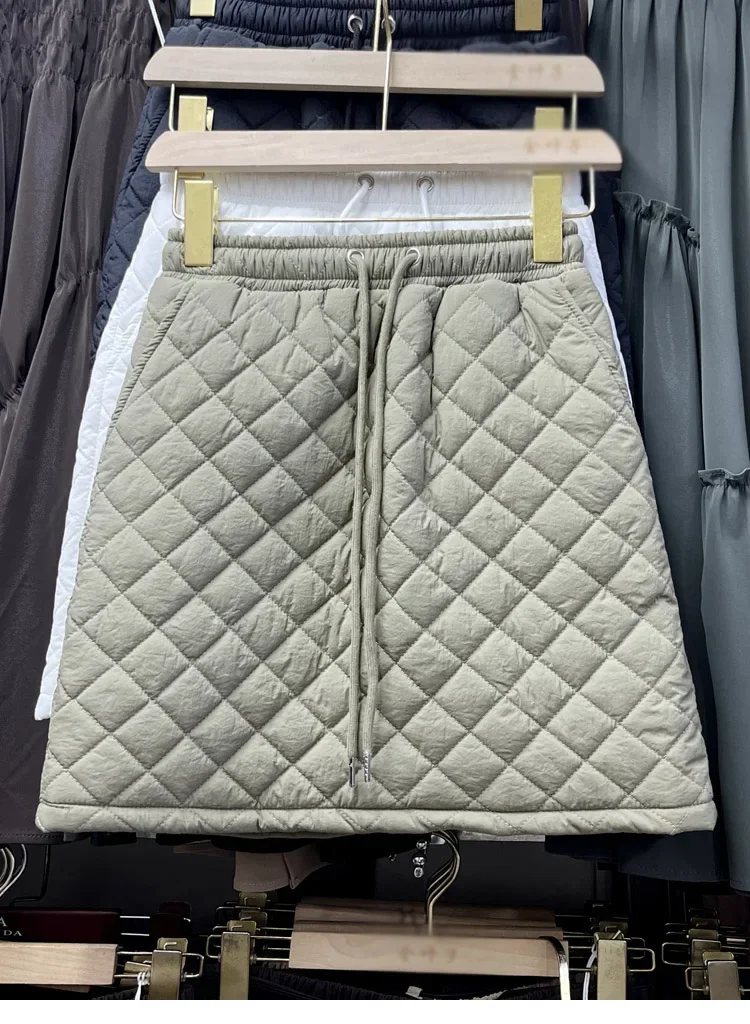 Casual Skirt Shirring Solid Plaid Quilted Elastic High Waist Women's Clothing Korean Style A-line Warm Skirts Autumn Dropship