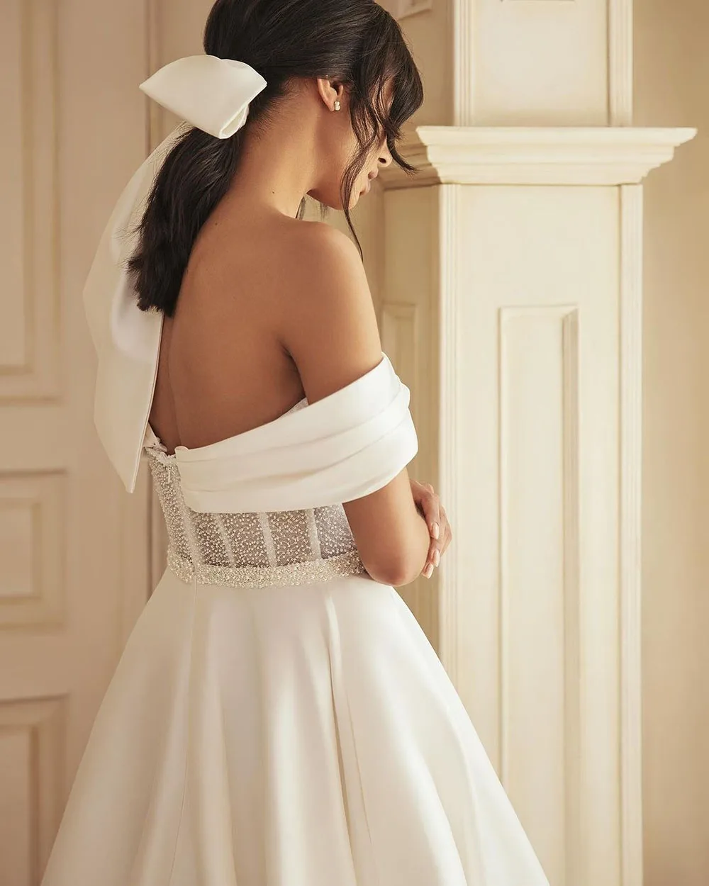 SoDigne White Beading Satin Wedding Dresses With Pockets A Line 2025 Off The Shoulder Wedding Party Gown new Corset Bridal Gown Brides