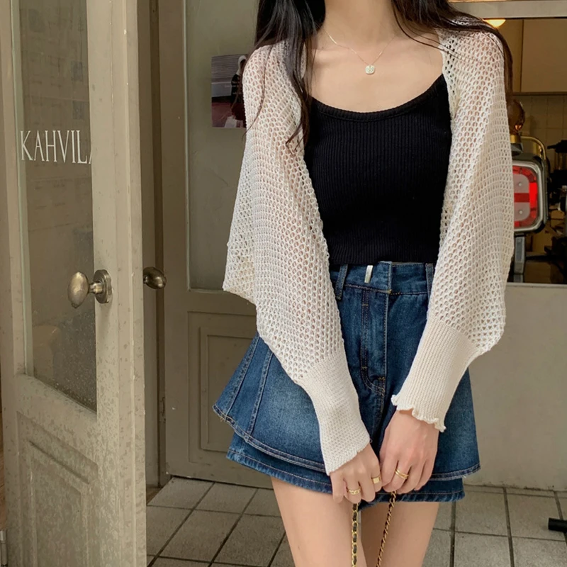 Women's Open new Front Knit Cardigan Long 2025 Sleeve Hollow Out Solid Color Loose Crop Tops