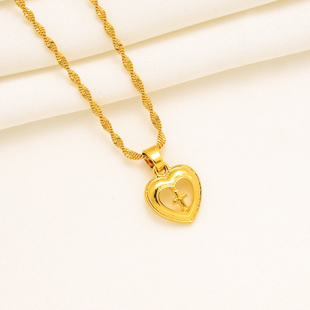 Gold Color Dubai Heart Cross Jewelry Sets Earrings Pendant Necklace Women Party Gifts