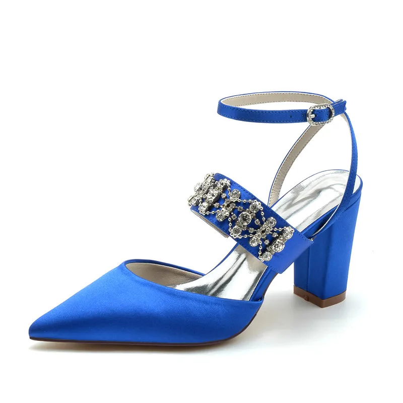 Satin Crystals Block Heels Wedding Shoes for Bride Pointed Toe Ankle Buckle Strap Prom 2025 Evening Bridal Party Heels new Pumps Women