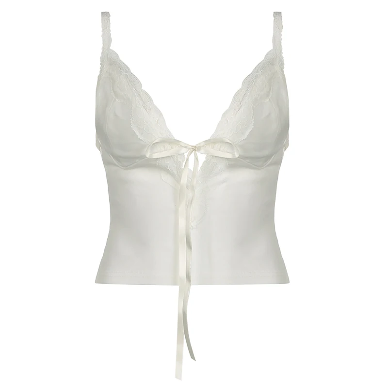 Darlingaga White Chic V Neck Sexy Cami Tops Skinny Mini Bow Lace Trim Y2K Aesthetic 2025 Summer new Crop Top Women 90s Aesthetic Outfits