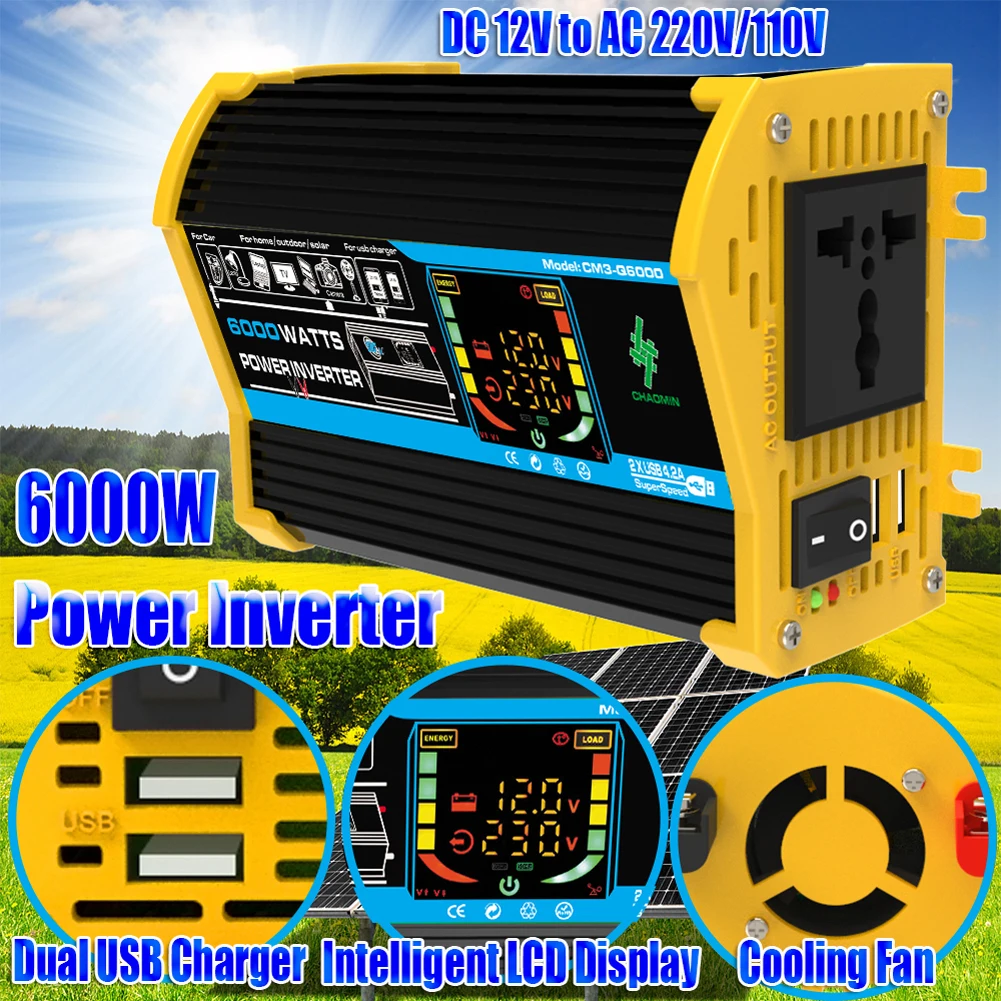 6000W Car Inverter DC 12V To AC 110V 220V Dual USB Intelligent Power Inverter LCD Display Vehicle Smart Inverter for Tablet RV