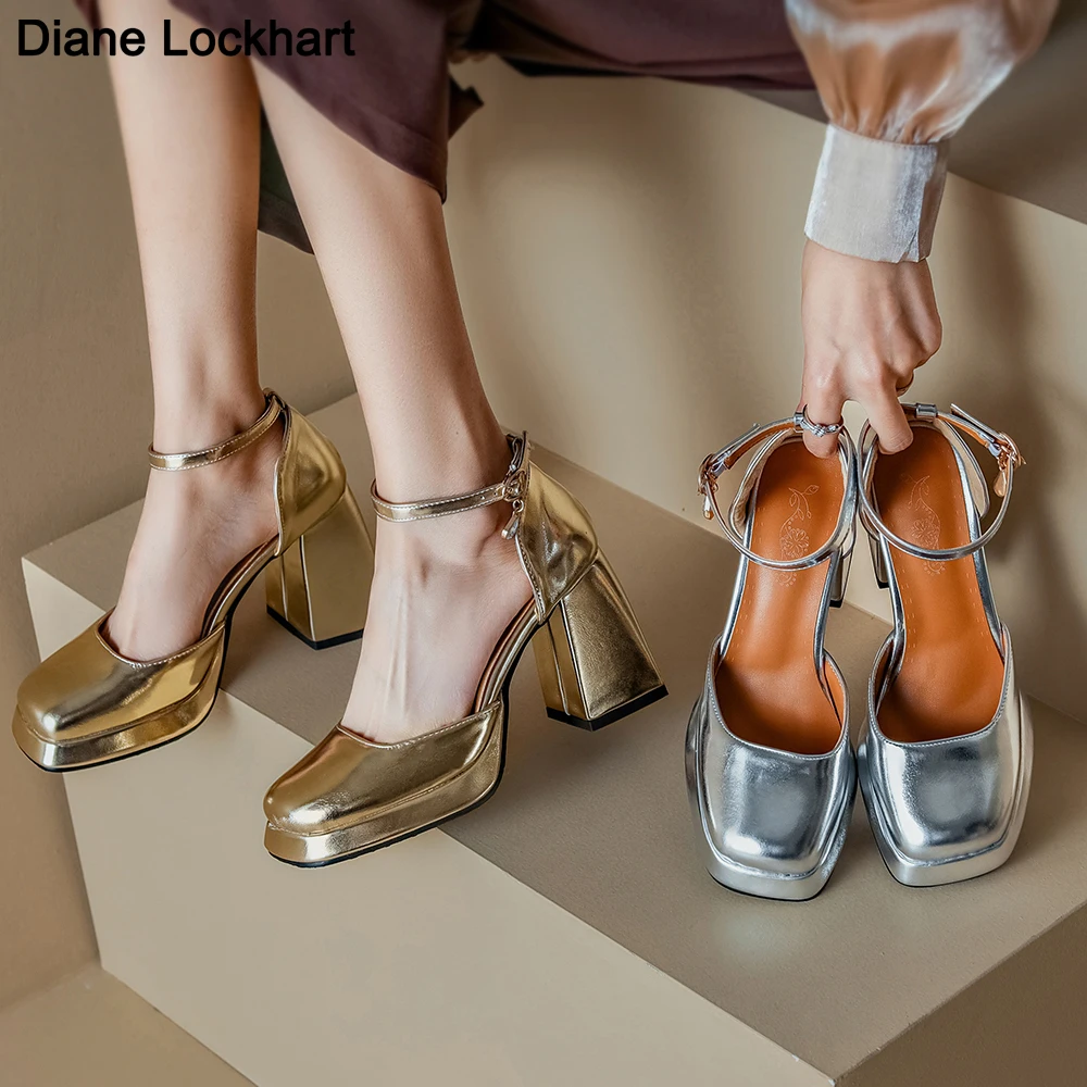 2024 New new Gold Sier Platform Pumps Women Thick 2025 Heels Mary Jean Shoes Woman Square Toe High Heeled Shoes Ladies Mirror Pumps