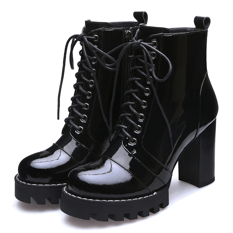 Genuine Quality Leather Short Lace Up Autumn Winter Ankle Boots For Women Platform High Heels Black Shoes a975