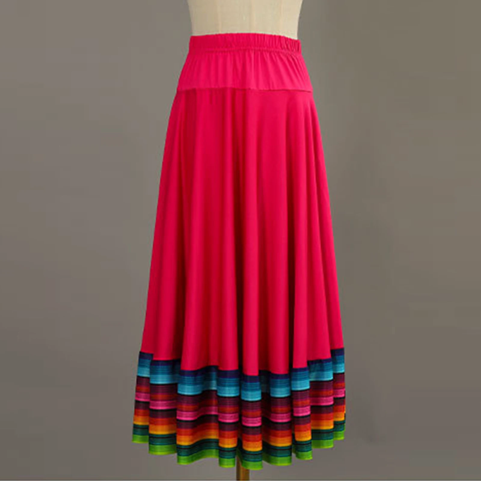 Womens Folklorico Dance Skirts Spanish Folkloric Mexican Flamenco Full Circle Performance Costume Colorful Stripe Hem Skirt