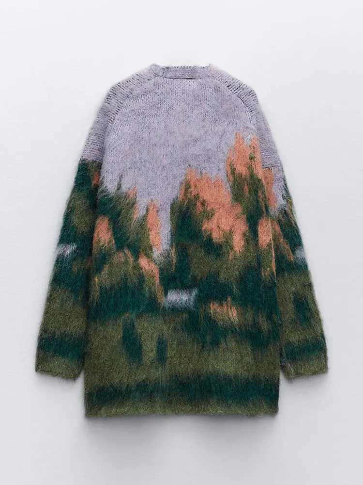 Vintage Contrast Color Mohair Cardigan for Women Oversized V Neck Single Breasted Wool Pullover Winter lady Long Sleeve Sweater
