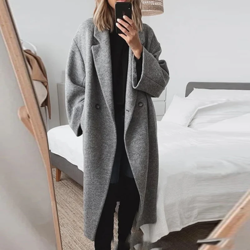 Simple Casual Turn-down Collar Long Coat Women Double Breasted Autumn Jacket Cardigan Winter Long Sleeve Woolen Trench Outerwear