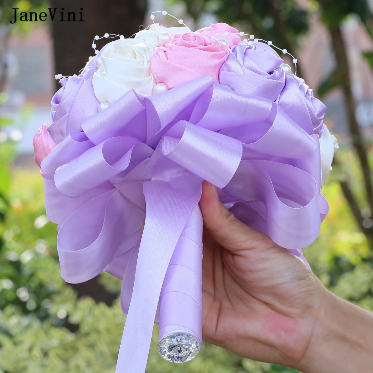 JaneVini Charming Korean Pink Purple Wedding Flowers Bridal Bouquets with Pearls Artificial Satin Roses Bouquet Bride Decoration