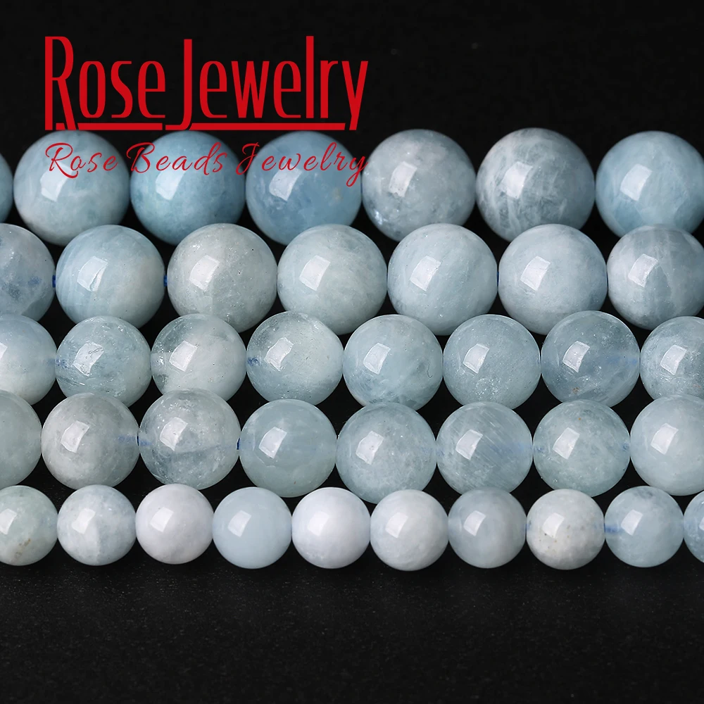A+ Natural Aquamarines Stone Round Loose Spacer Beads 15" Inches 4/6/8/10/12 Mm Pick Size for Jewelry Making Bracelet Necklace