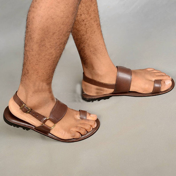 Sandals Men's Vintage Toe Ring PU Leather Male Flats Shoes Comfortable Travel Beach Slippers 2022 Summer Roman Big Size 38-48