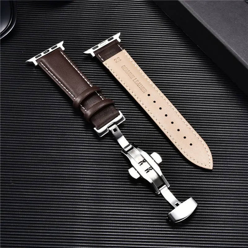 Leather Watchbands for Apple Watch 8 7 6 5 4 3 SE Butterfly Clasp Replace Wrist Strap 38/40/41mm 42/44/45mm Band for iwatch