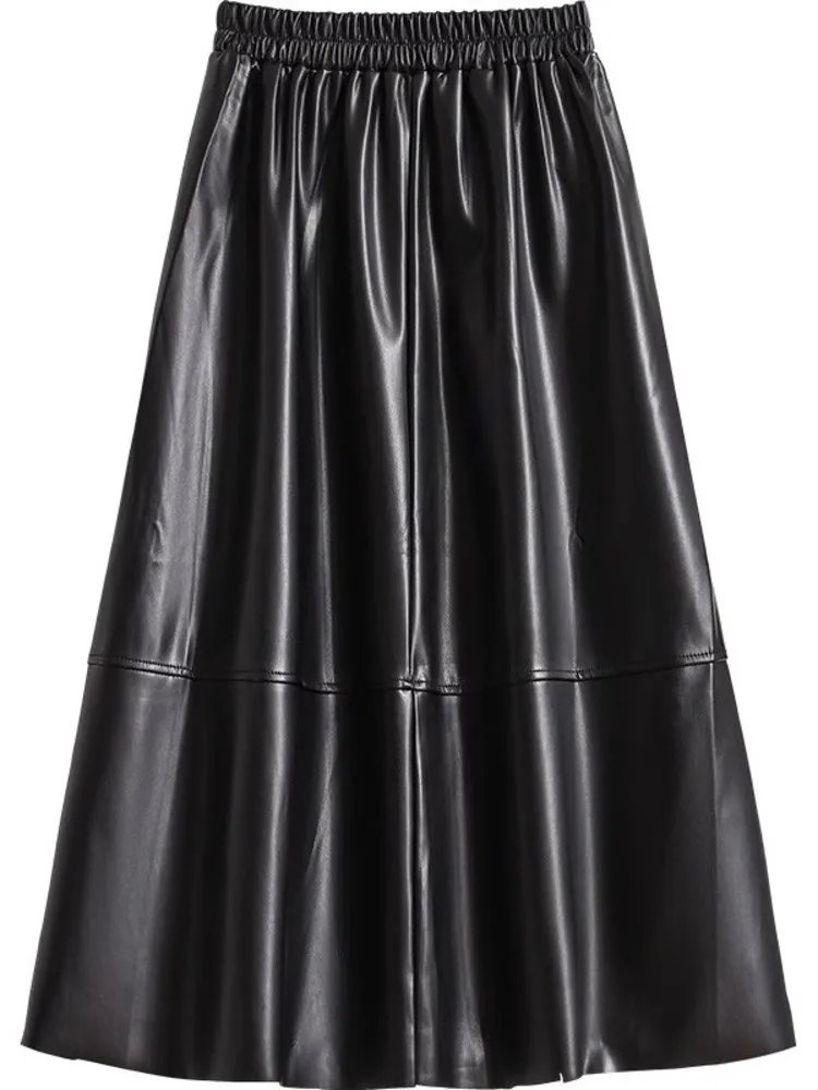 UCXQ Oversized Streetwear Women's New PU Leather Skirts Female Casual Elastic High Waist Half Skirt 2024 Spring Autumn 23A7113