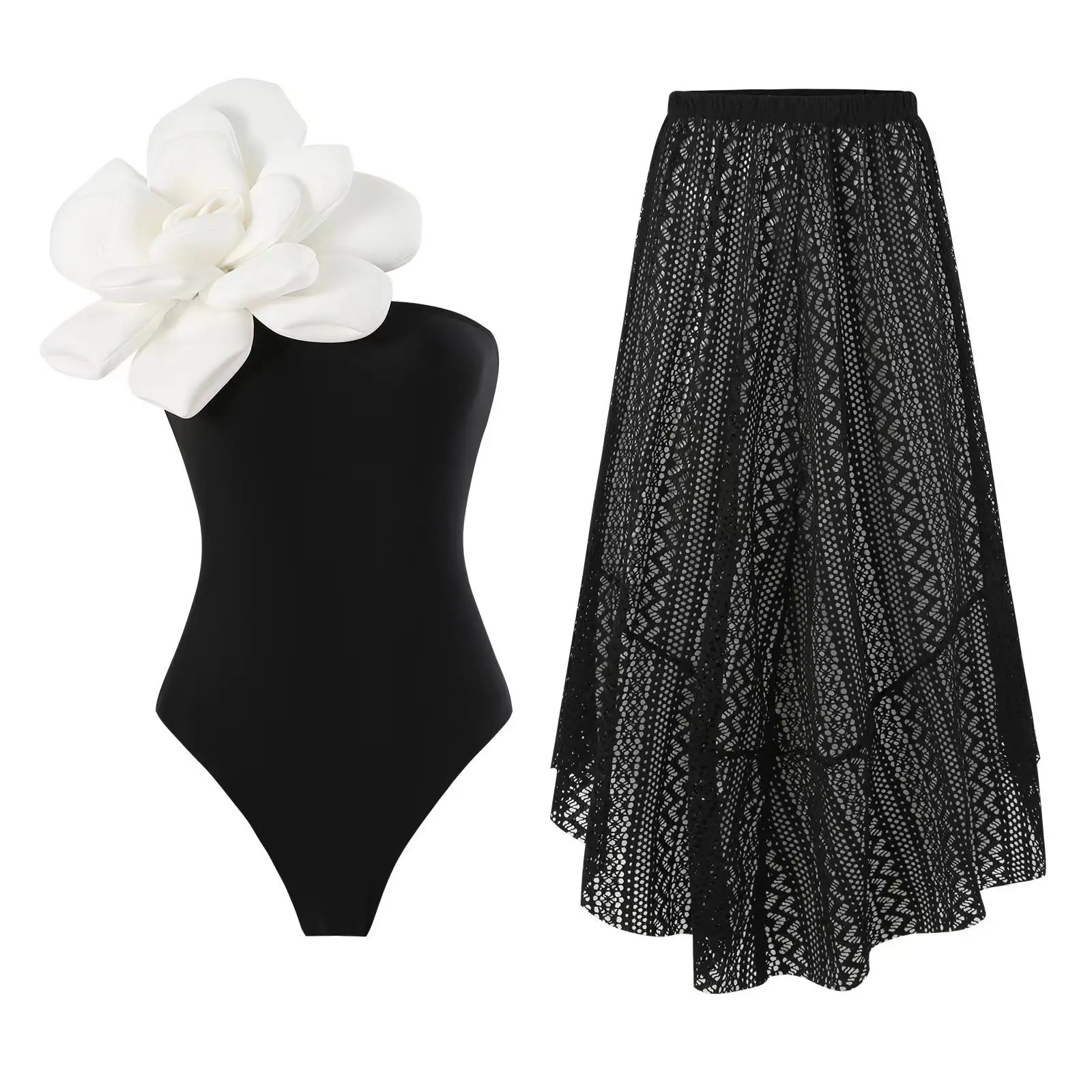 3D Flower One Piece Swimsuit with Sarong for Womem 2024 New One Shoulder Swimwear Female Monokini Beach Suit Out Fit Cover Up