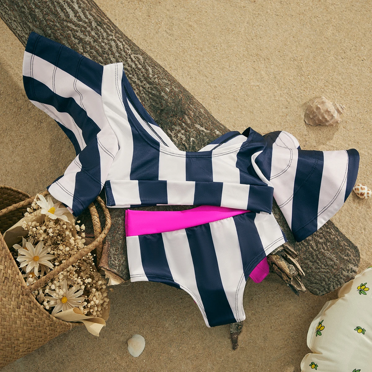 EWODOS 1-6 Years Toddler Baby Girl 2PCS Ruffles Sleeve Swimwear Bikini Sets Summer Floral/Striped Print Swimsuit Kids Bikini Set
