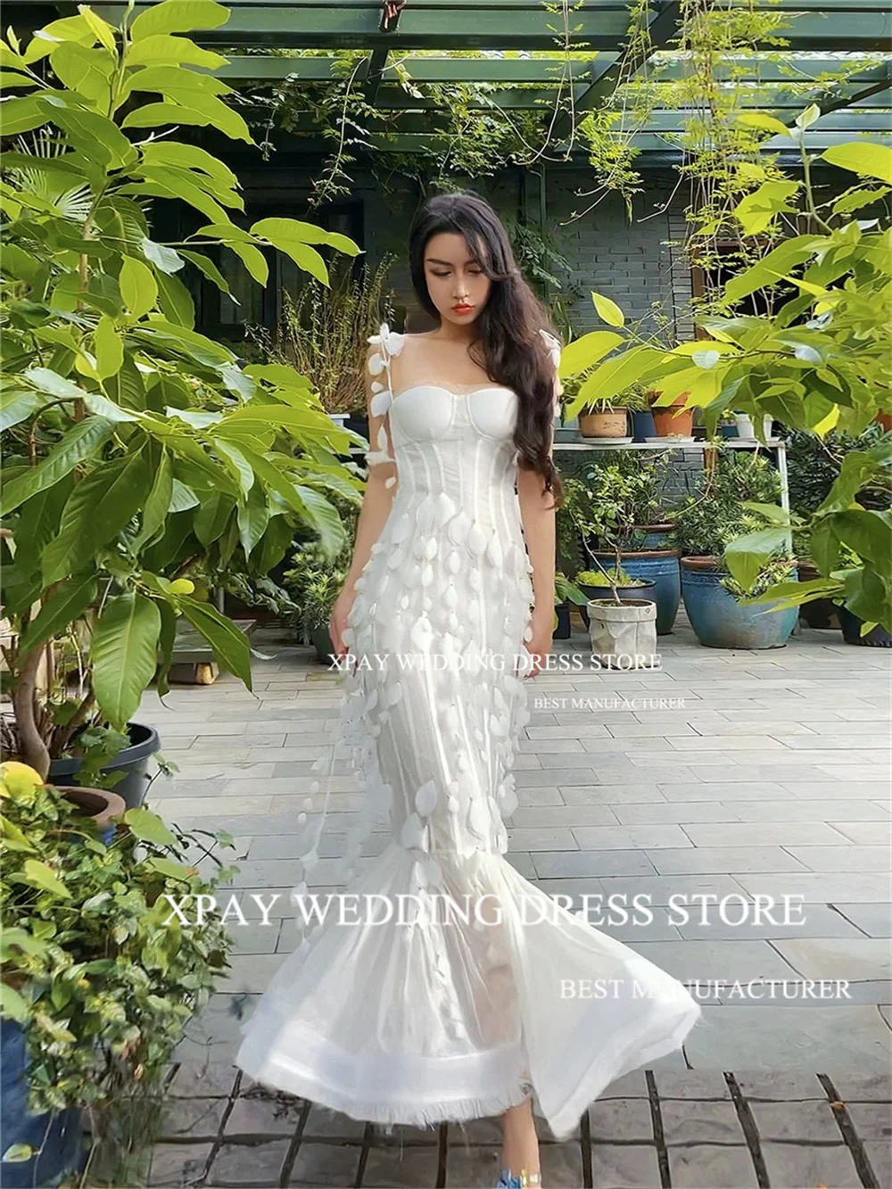 XPAY Sweetheart new Korea Mermaid Wedding 2025 Dresses Spaghetti Straps 3D Lace Tassel Bridal Gown Photos Shoot Corset Ruched Bride Dress