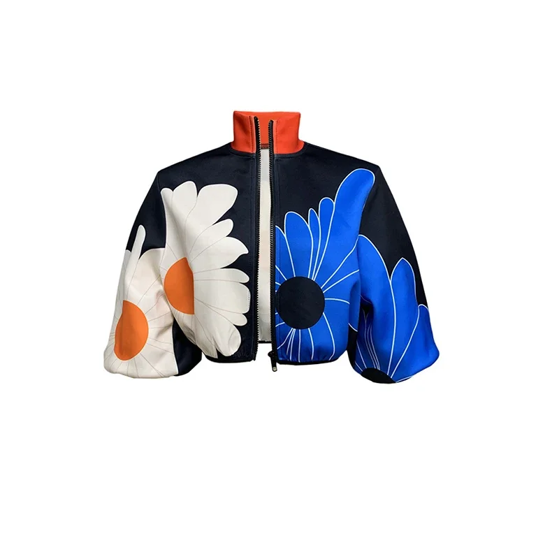 Trendy Street Elegant Flower Print Women Jacket Autumn Zipper Turtleneck Top Cardigan Winter Lantern Long Sleeve Coat Outerwears