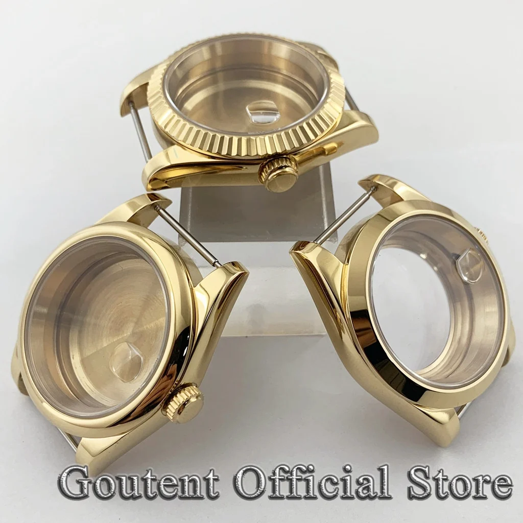 Goutent Men's Gold Sapphire Glass Watch Case 36mm 39mm Fit PT5000 NH34 NH35 NH36 ETA 2824 ST2130 Movement smile