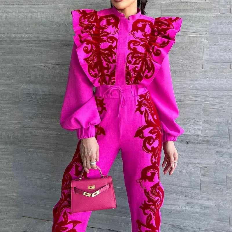Wefads Women Two Piece Set Autumn Casual Printed Pleated Long Lantern Sleeve Zipper Top Drawstring Ruffles Lace Up Pants Sets