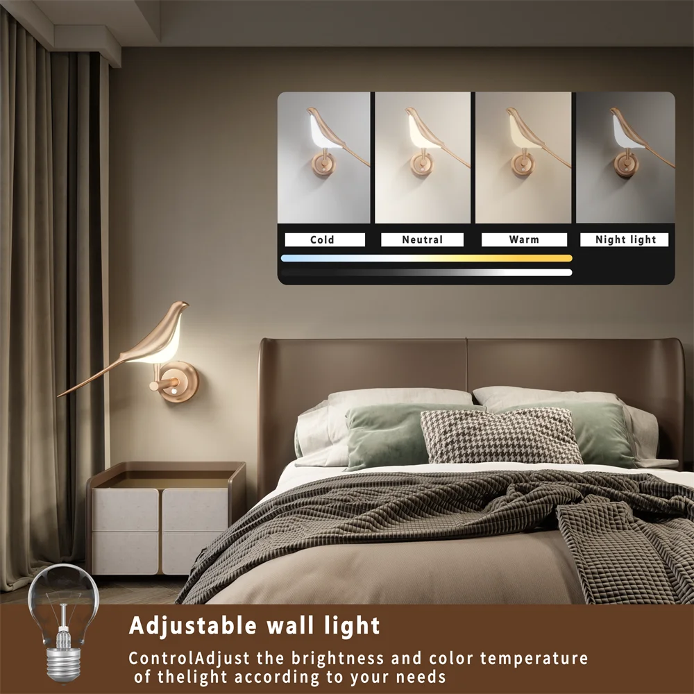 LED Wall Lights Golden Bird Wall Lamp Parlor Bar Bedside Hanging Light Novelty Rotatable Wall Lamp Bedroom Bedside Indoor Sconce