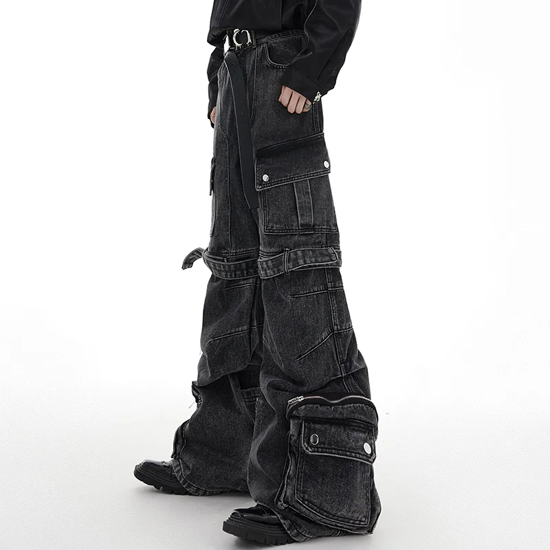 IEFB Mens's Baggy Jeans Washed Multi Pocket new Jean Overalls Strap Design 2025 Wide Leg Workwear Denim Pants 2023 New Darkwear 24X1350