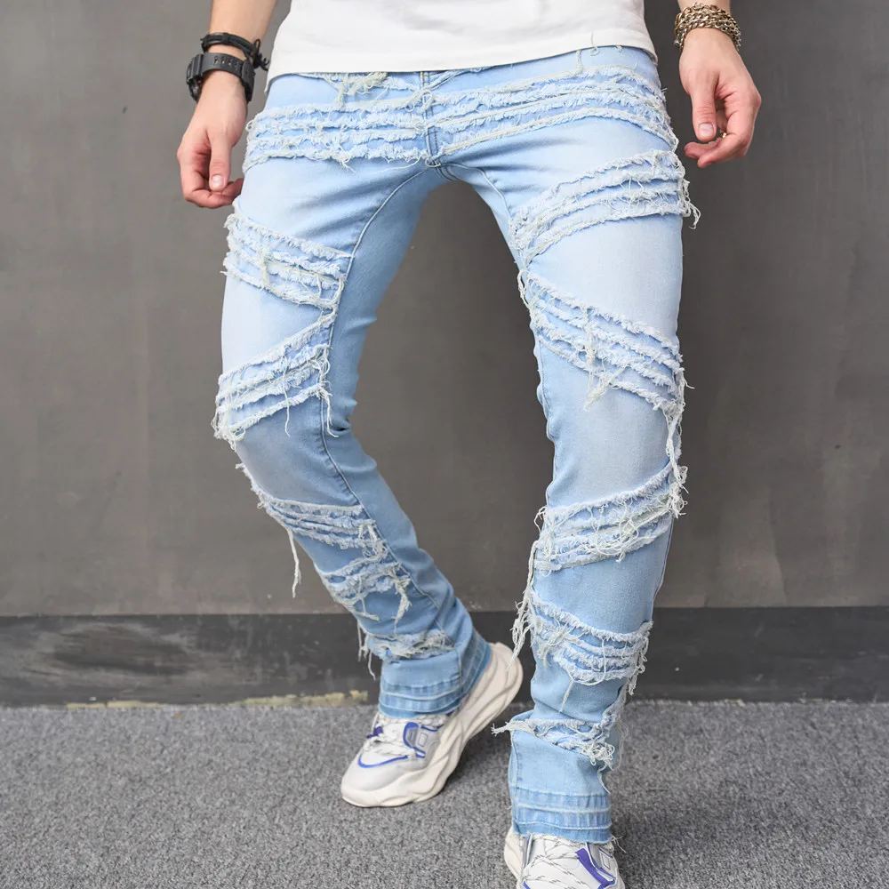 Streetwear Men Stylish Spliced new Slim Biker Jeans 2025 Pants Hip Hop Stacked Male Solid Jogging Straight Denim Trousers