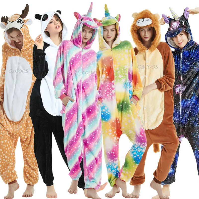 Adults Dinosaur Onesie Jumpsuit Stitch Pajamas Sleepwear Women Men Winter Animal Kigurumi Costume Kids Unicorn Flannel Pyjamas