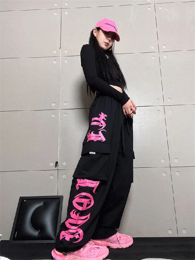 QWEEK Y2K Korean Style Jogging Sweatpants Women Streetwear Kpop Letter Print Cargo 2025 new Pants Oversize Haruku Egirl Sports Trousers