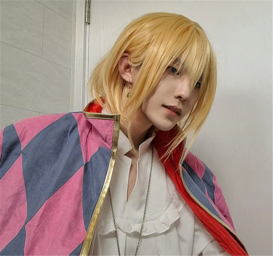 Moving Howl's Castle Anime Wizard Howl Cosplay Short Blonde Yellow Hair Wig Cosplay Ring Earring Wig Necklace + a wig cap + smile + +