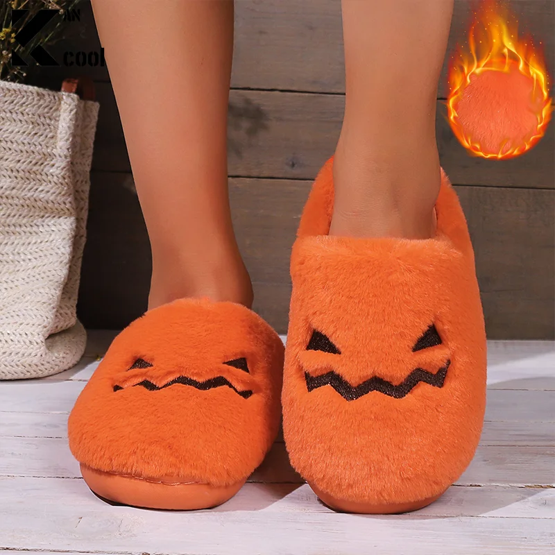 Halloween SpiderWeb Plush Slippers Black Pumpkin Winter Home Shoes Indoor House Flats Warm Fluffy Slippers Women Men Soft Slides