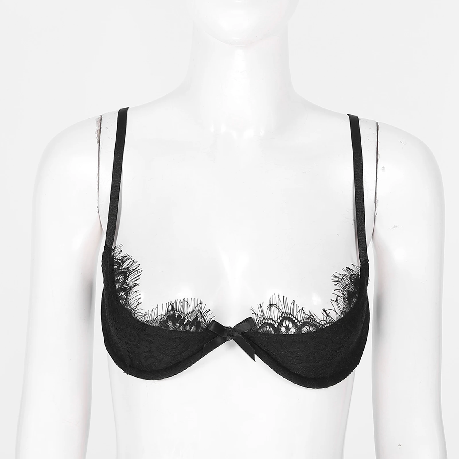 Women's See Through Lace 1/4 Cups Shelf Bra Eyelash Push Up Underwire Bralette Unlined Balconette Brassiere Underwear