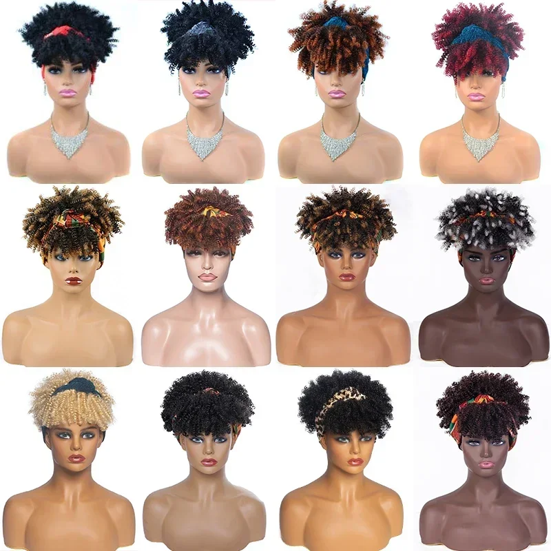 Short Kinky Curly Headband Wigs Afro Puff Curly Headband Wig For Women Natural Synthetic Turban Wrap Wig Cosplay Daily Use