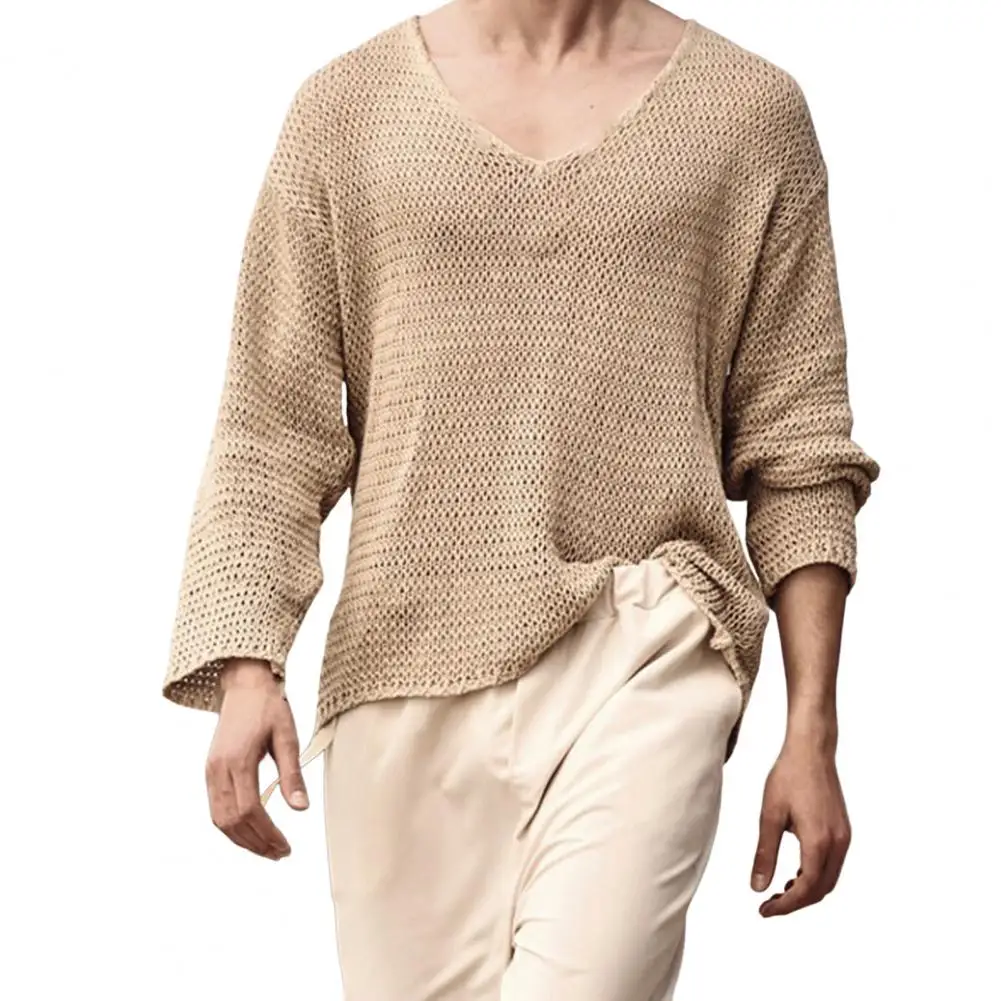 Neck V Men Sweater ddmysmile Easy To Match Breathable Elastic Comfortable Knit Long Sleeves Loose Pullover Fall Sweater Men Clothes Smile