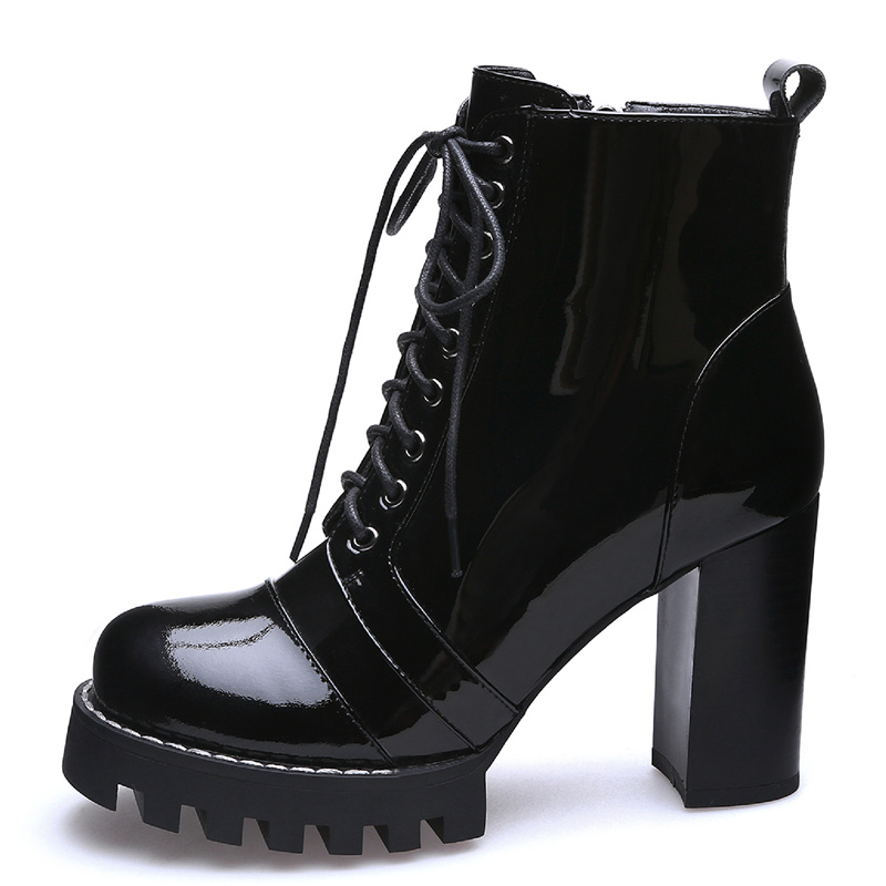 Genuine Quality Leather Short Lace Up Autumn Winter Ankle Boots For Women Platform High Heels Black Shoes a975