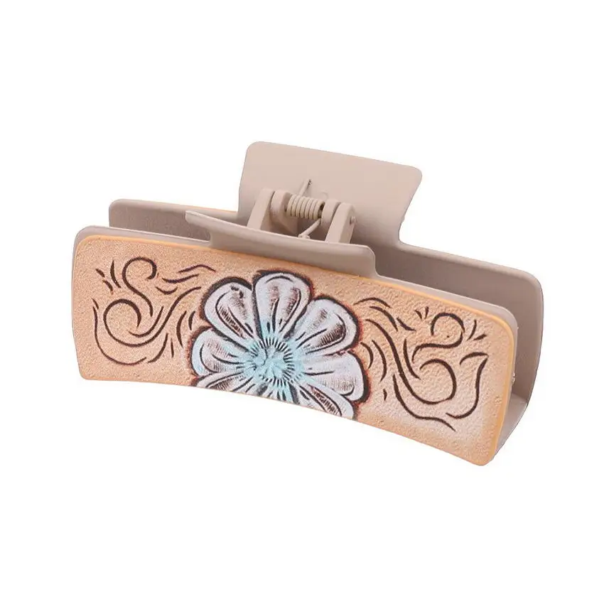 4 Inch Western Hair Claw Clip Faux Leather Sunflowers and Cactus Print Hair Accessory Clip for Women Cowgirl Jewelry Wholesale