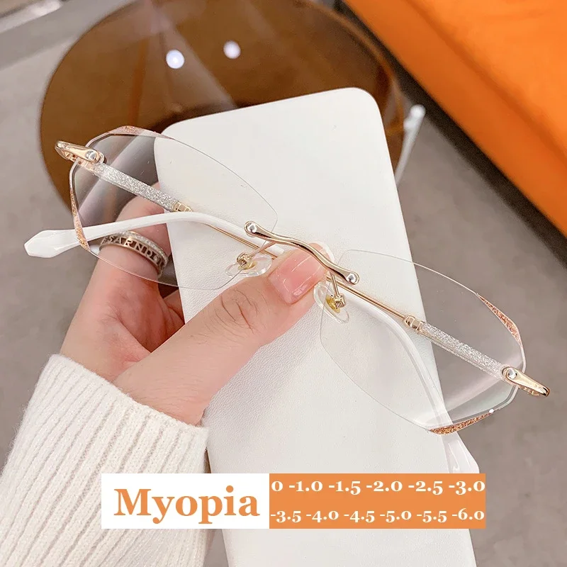 Diamond Cutting Rimless Ladies Myopia Glasses Anti Blue Light Minus Eyeglasses Finished Prescription Near Sight Eyewear Diopter