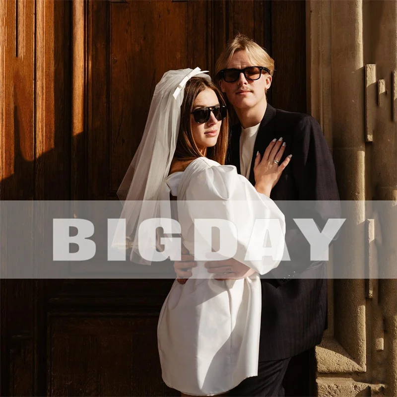 Elegant Short Wedding Dresses Women 2024 A-Line V-Neck Long Puff Sleeve Pleat Open Back Bridal Gown Above Knee Vestido De Noiva