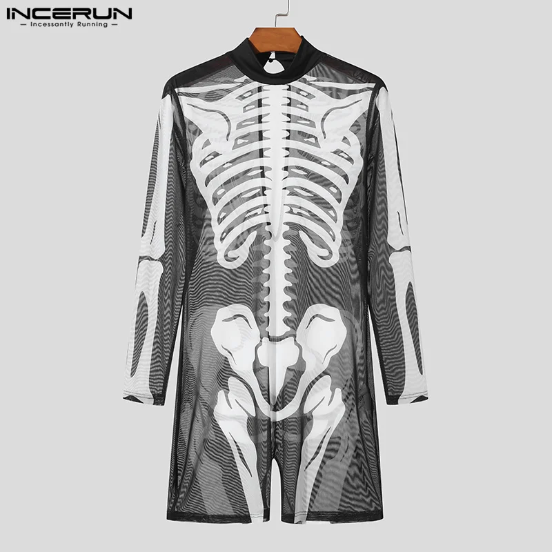 Mesh Rompers 2023 Men's Transparent Turtleneck Long Sleeve Sexy Bodysuits Printing Homewear Male Pamas Jumpsuits S-3XL INCERUN smile