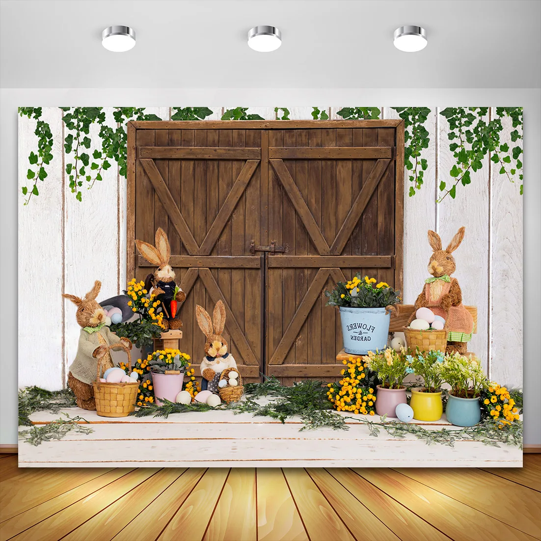 Spring Easter Backdrop Bunny Eggs Flower Grassland Barn Door Baby Shower Kids Portrait Photography Background Photoshoot Prop