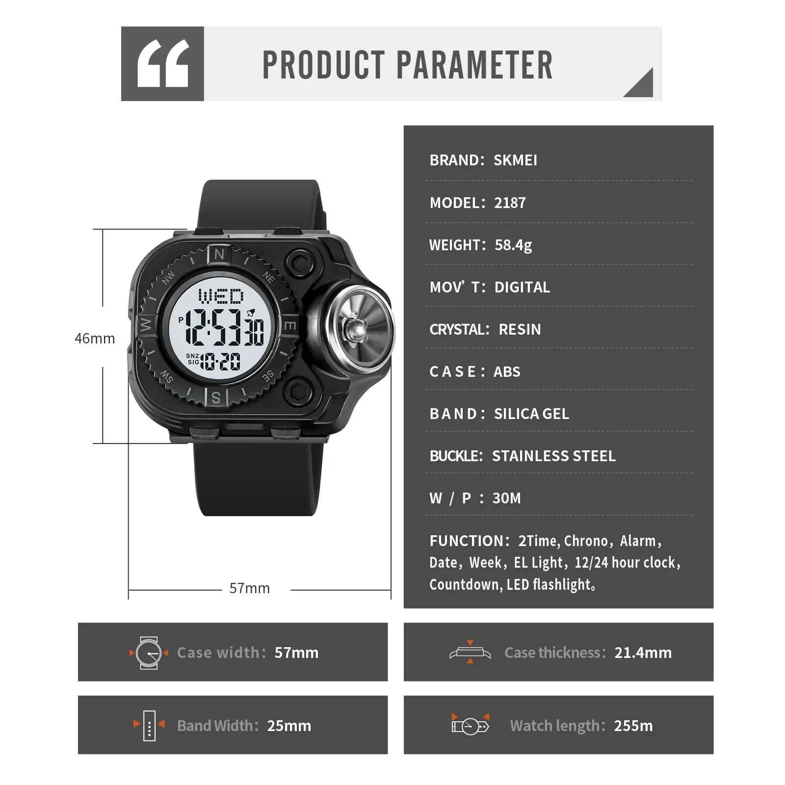 SKMEI Creative LED Flashlight Countdown Sport Watches Men Back Light Digital Wristwatch Waterproof Alarm Stopwatch Clock 2187