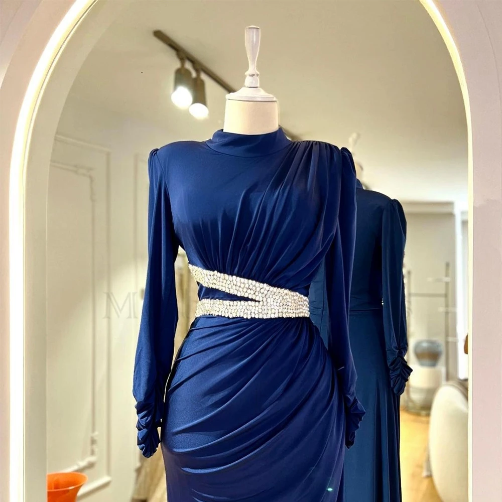 Navy Blue Evening Dresses for Women with Beading 2023 Full Sleeve High Neck Prom Gowns Sheath Vestido De Noche Real Picture New