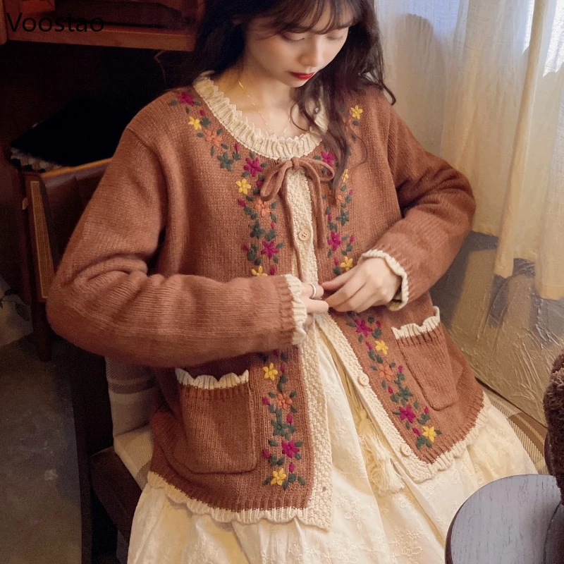 Vintage Cute Knitted Cardigan Women Elegant Sweet Flower Embroidery Jacquard Sweater Jackets Female Casual Long Sleeve Knit Coat