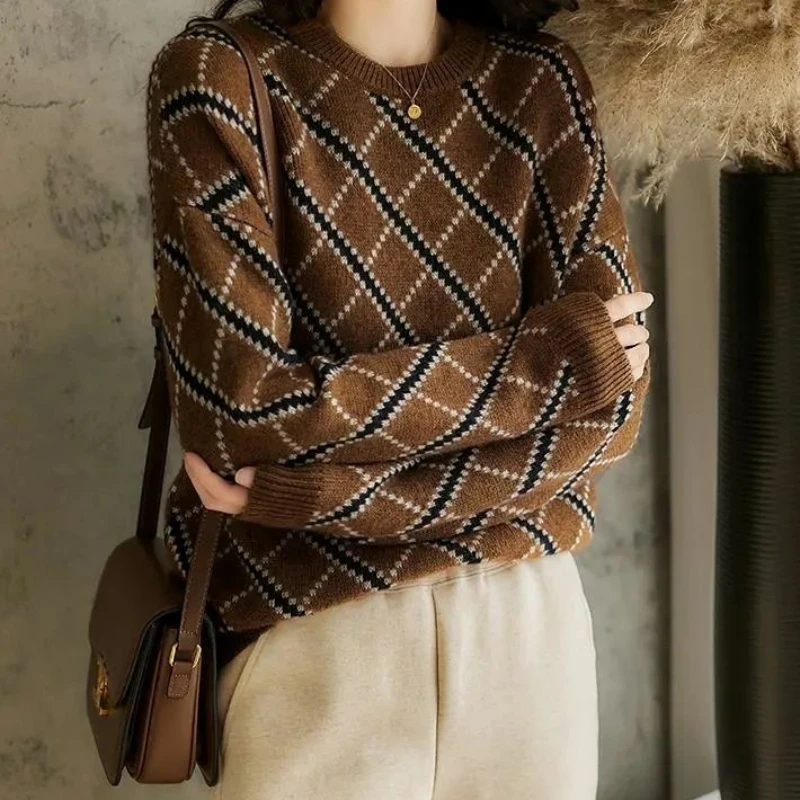 Pullover Round O Neck Brown Women's Sweater Graphic Knit Tops for Woman Plaid Y2k Vintage Tall Jersey Tricot Blouse Korean Style