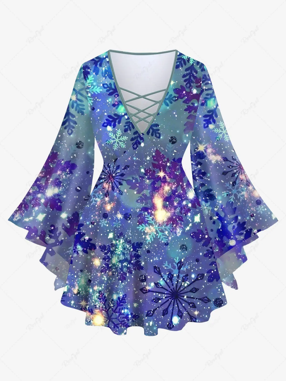 Crisscross Flare Sleeve T-shirt or Flare Pants Casual Matching Set For Women Ombre Galaxy Glitter Snowflake 3D Print Suit