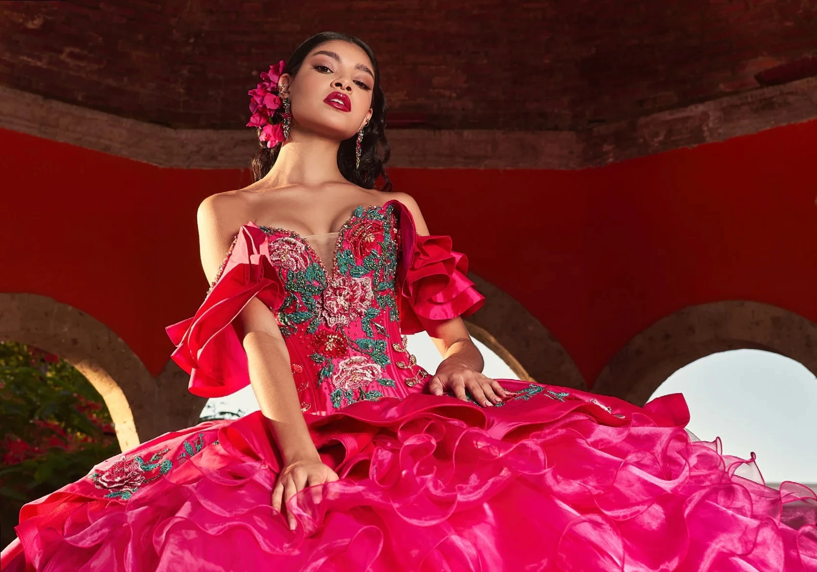 Charro Organza Quinceanera Ball Gown Off The Shoulder Appliques Beaded Puffy Mexican Sweet Dresses Anos